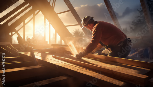 worker roofer working on roof structure at wooden construction site