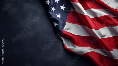 Top view of a part of the usa flag on the right on a dark background with copy space
