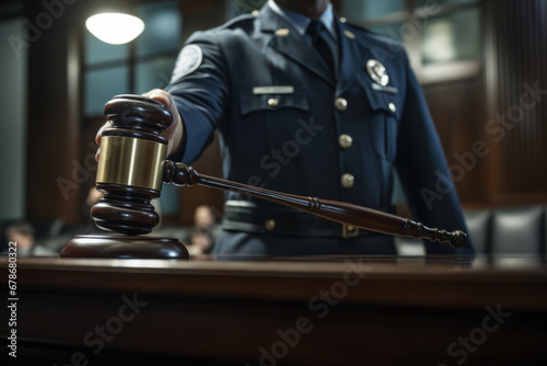 View of military court gavel with soldier's hand, law and justice motive.generative ai 