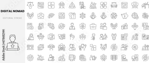 Set of linear digital nomad icons. Thin outline icons pack. Vector illustration