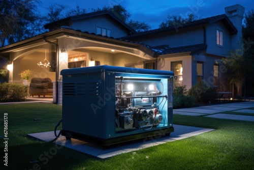 Hydrogen fuel cell power generator near residential house, clean energy for household