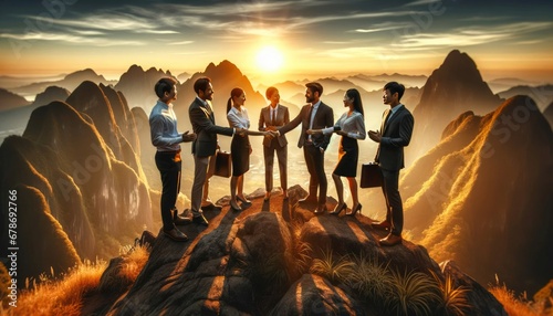 At sunrise, a diverse team in business attire celebrates a strategic partnership, symbolizing global success and achievement on a mountain summit.