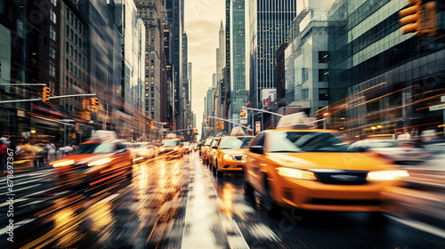 Cars in movement with motion blur. A crowded street scene in downtown Manhattan