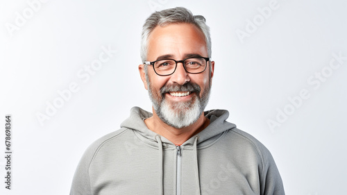 Portrait of happy senior man in sportswear and glasses smiling at camera on white background.