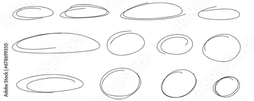 Highlight hand drawn oval frames, lines. Hand drawn marker underlines scribble doodle circle set. Ovals and ellipses line template. Vector illustration isolated on white background.