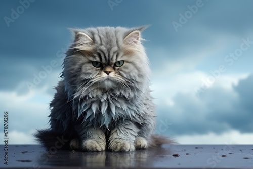 Very angry and wet cat sits on wet flour and clouds behind him