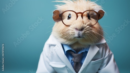 A guinea pig full body with a lab coat and scientist's glasses, isolated on blue background, Generative AI 