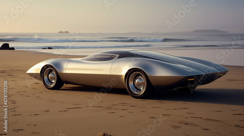 Classic car with streamlined fenders and roof, with the backdrop of a tranquil seaside beach.