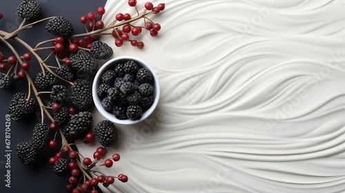 Dark and white background with round white plates and raised pattern. Decorated with blackberries, red berries and twigs with white leaves. Concept: cosmetics and care products banner with copy space