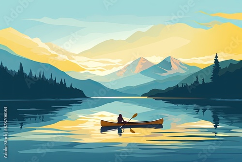 canoeing adventure boat on peaceful lake nature landscape illustration