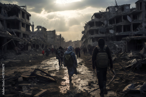 People are walking in a destroyed area of Gaza