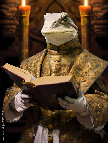 A humanoid lizard dressed as a Roman pope readings with a golden book the document 