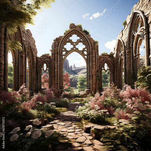 Gothic Abbey Ruins Adorned with Pink Hydrangeas