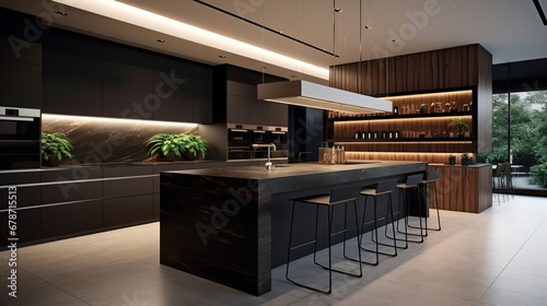 Interior of a modern bar with a black and blue countertop. 3d rendering