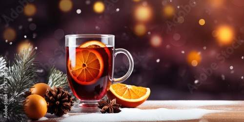 glass mulled wine with oranges and spices on a wooden background in the snow, Generative AI