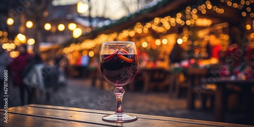 wine glass of christmas mulled wine at the fair, merry christmas. Generative AI
