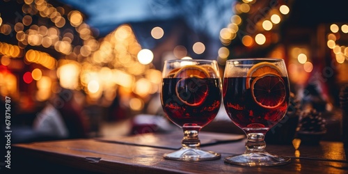 Two wine glasses of Christmas grog at a fair with bright Christmas lights