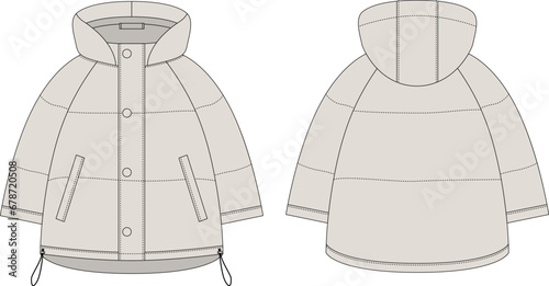 Ooversized raglan puffer winter down coat technical sketch. Light gray color.
