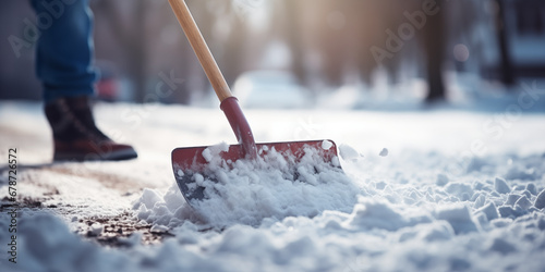 Person nutzt Schneeschieber um den Gehweg zu räumen