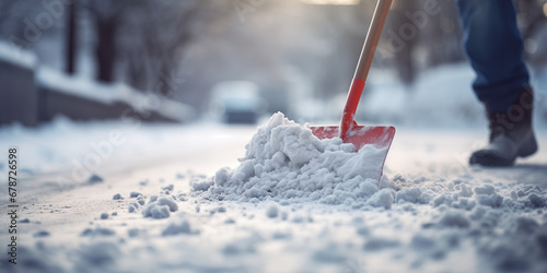 Person nutzt Schneeschieber um den Gehweg zu räumen