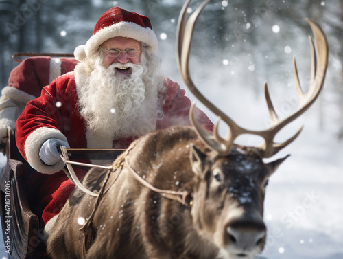 Santa Claus riding in a sleigh with reindeer in snowy forest. 