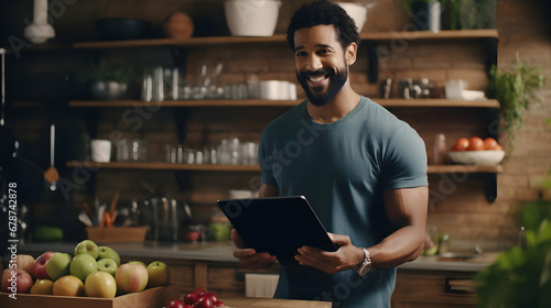 Male expert in dieting posing on camera with digital tablet and demonstrating scale of obesity among people with improper nutrition,Generated Ai