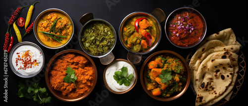 Top view of Assorted indian food on black background.