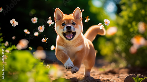 春の野原を走り回る子犬