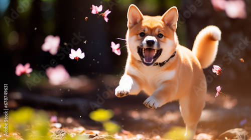 春の野原を走り回る子犬