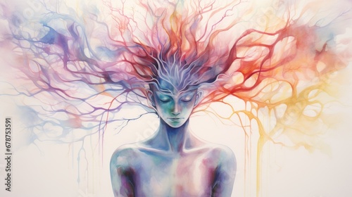 Mind-Body Connection. Synchronized mind and body have primary benefits to life. Watercolor Woman with energy flow waves. Harmonious Blend of Mind and Body