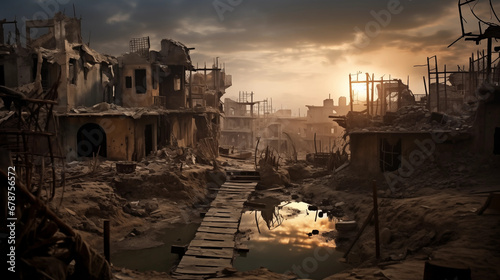 Stadt verwüstet durch Krieg, Konflikt, Schlacht, Verwüstung, Ruine, Zerstörung, Flüchtling