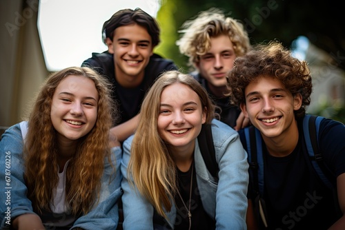 Group of happy teenagers looking at camera and smiling in the park, Portrait of happy young students, AI Generated