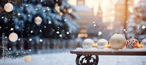 Christmas decorations on a snow-covered bench against the backdrop of a New Year's holiday landscape. Banner or mockup. Congratulatory, New Year or Christmas landscape background.