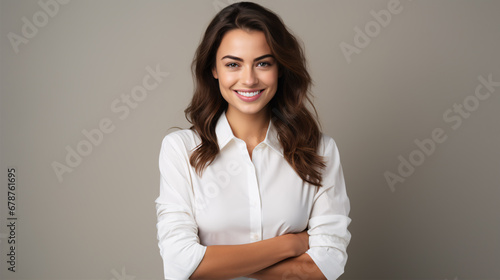 A confident and joyous dark-haired business student wearing a white blouse, arms crossed, exudes happiness in a stark white environment.
