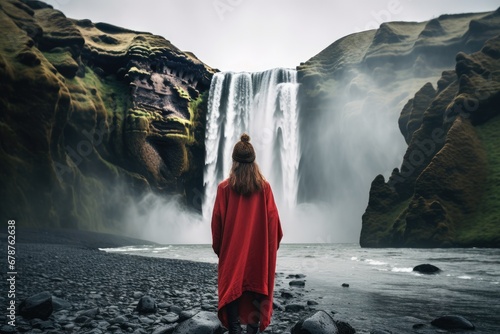 A young woman in a red raincoat standing in front of a powerful Skogafoss waterfall in Iceland, rear view of a Woman overlooking a waterfall at skogafoss, Iceland. Skógafoss, Ísland, AI Generated