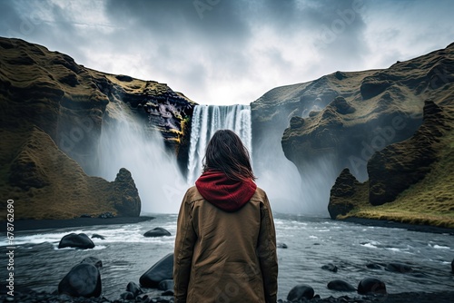 A young woman in a yellow jacket and a red scarf is standing in front of the Skogafoss waterfall in Iceland, rear view of a Woman overlooking a waterfall at skogafoss, Iceland, AI Generatedv