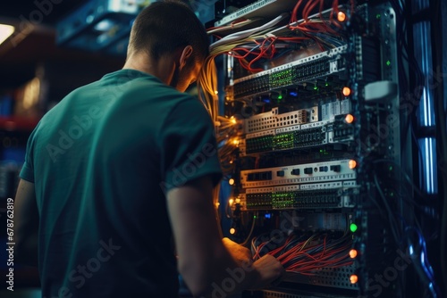 Young technician working on server in datacenter. Selective focus, rear view of An IT Engineer close-up shot of fixing a server problem, AI Generated