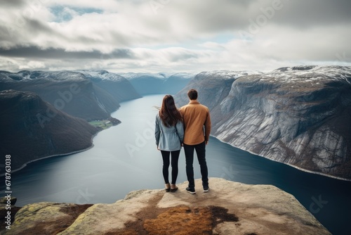 Couple standing on the edge of a cliff and looking at the fjord, rear view of Couple family traveling together on cliff edge in Norway, AI Generated