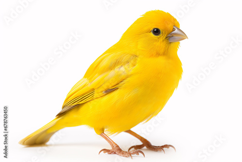 A lonesome yellow canary, captured in a studio, sits atop a pristine white backdrop.