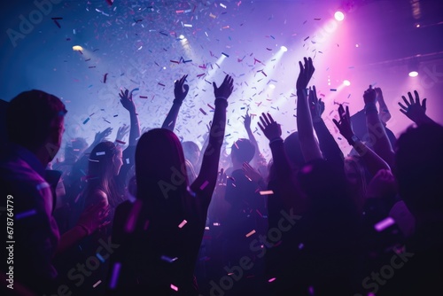 Close up photo of many party people dancing purple lights confetti flying everywhere nightclub event hands raised up.
