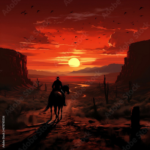 a man on horses, at sunset, in the style of 2d game art, realistic scenery, red and black, passage, desertwave, traditional landscapes, natural phenomena.