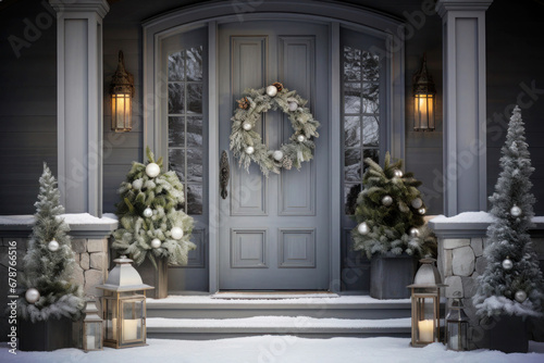 Christmas wreath on gray front door with winter decor on porch and steps