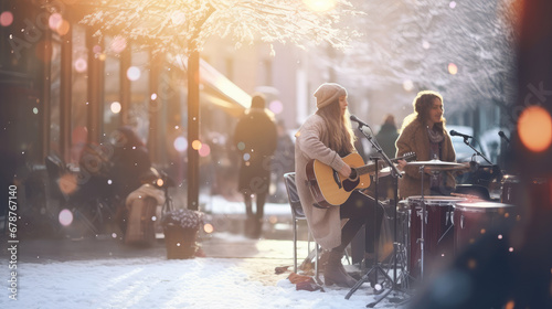 Young girl guitarist perform on a winter snowy street. Woman singing and playing guitar, street musicians, performance. 