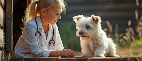 When the doctor got home from work, he played with the dog in front of the house before going inside..