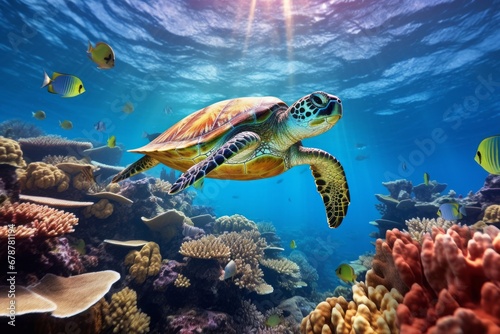 A sea turtle embarking on its journey through the sunlit abyss of the deep blue ocean, surrounded by schools of fish and coral structures