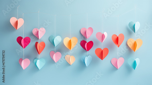 Paper heart mobile in soft pastel colors, a whimsical and artistic hanging decoration perfect for conveying love and celebration.