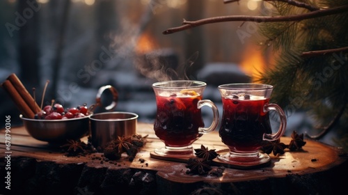 two glass mugs with a hot drink of red mulled wine stand on a wooden cottage table against the backdrop of an autumn forest, Cabincore Aesthetics