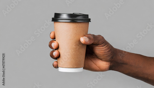 mockup of male hand holding a coffee paper cup isolated on light grey background