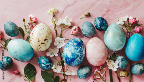 stylish easter eggs and spring flowers border on pink paper flat lay space for text modern natural dyed blue and marble easter eggs happy easter greeting card template