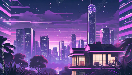chill lo fi vibes with night skyline and purple hues manga and anime inspirations generative ai